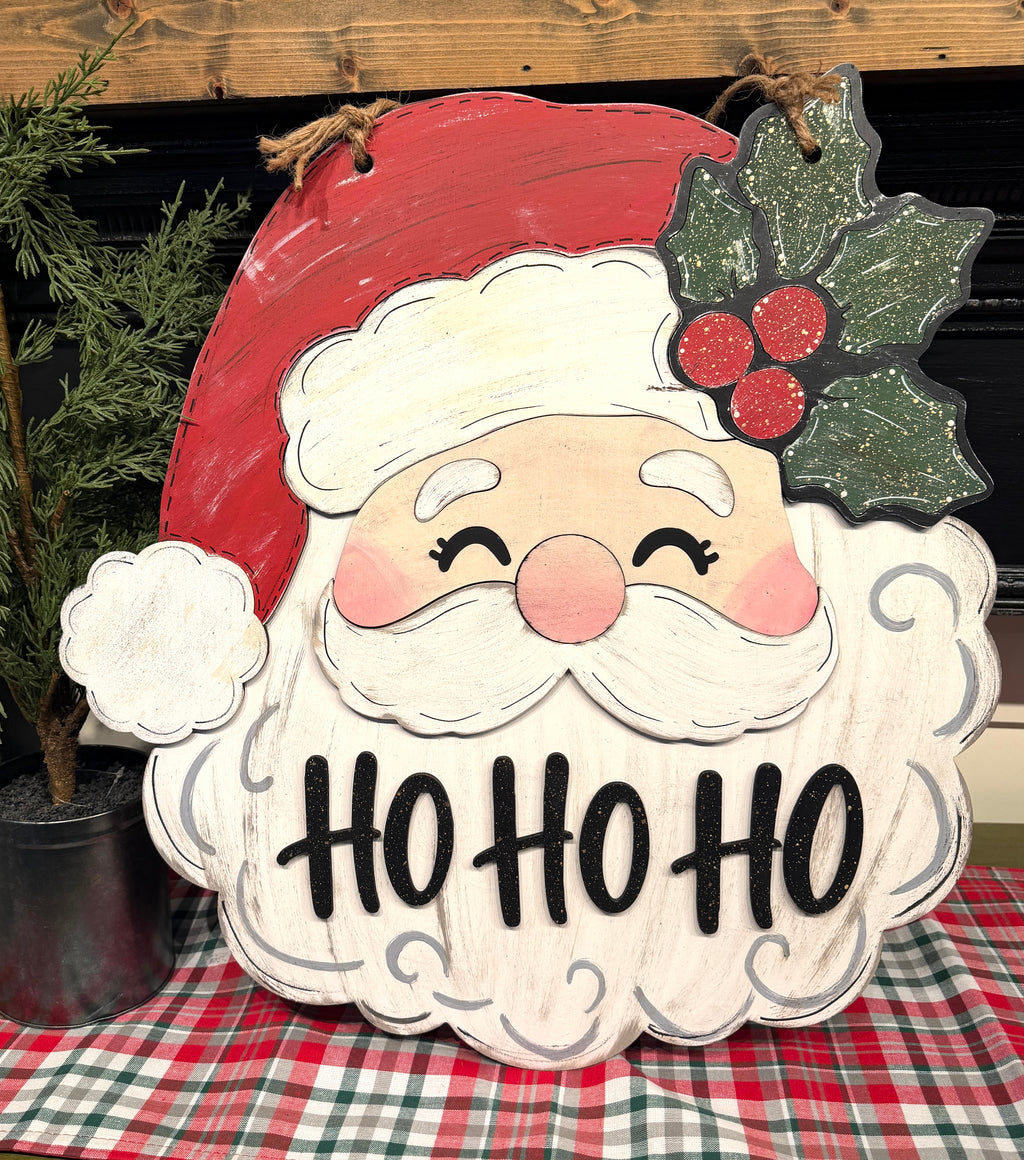Santa Ho Ho Ho Christmas door hanger, hand-painted layered wood Santa front door sign, handmade by Rise and Shine Gifts in Dothan, Alabama - SHINE-DH-012