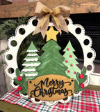 Merry Christmas triple tree door hanger with white scalloped frame, green trees, gold star and burlap bow, handmade by Rise and Shine Gifts in Dothan, Alabama - SHINE-DH-013