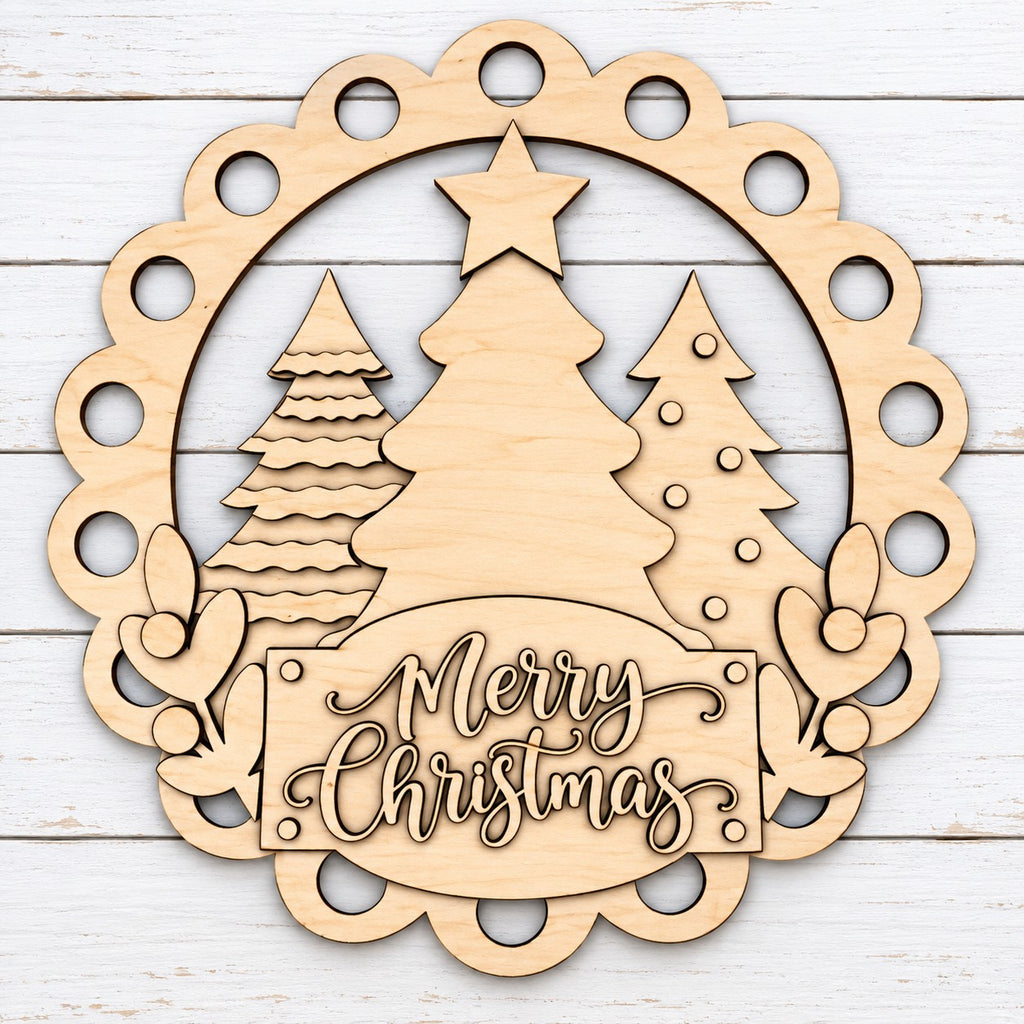 Unpainted laser-cut wood Merry Christmas triple tree scalloped door hanger blank, cut by Rise and Shine Gifts, Dothan, AL - SHINE-DH-013