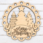 Unpainted laser-cut wood Merry Christmas triple tree scalloped door hanger blank, cut by Rise and Shine Gifts, Dothan, AL - SHINE-DH-013