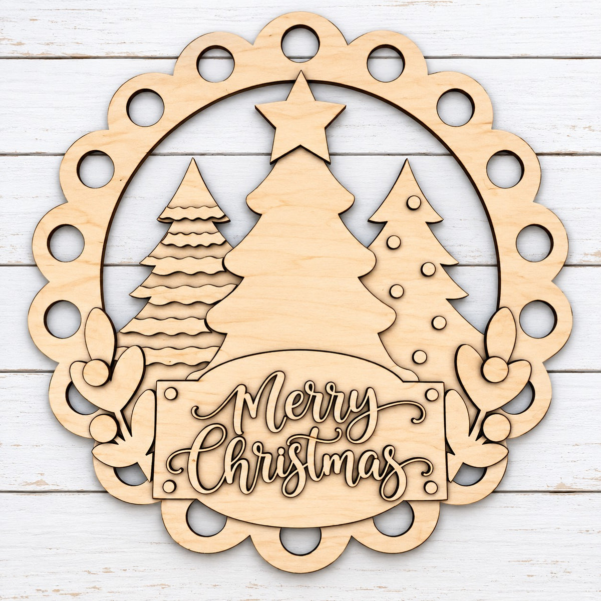 Unpainted laser-cut wood Merry Christmas triple tree scalloped door hanger blank, cut by Rise and Shine Gifts, Dothan, AL - SHINE-DH-013