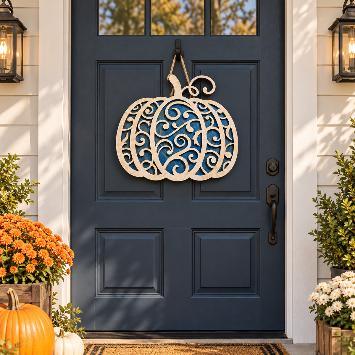 Blue epoxy scroll pumpkin door hanger on a navy front door with fall mums, made at a Rise and Shine Gifts epoxy workshop in Dothan, Alabama SHINE-WS-002