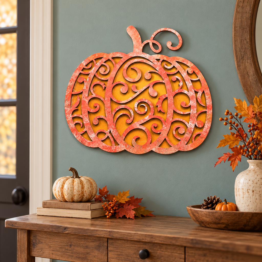 Orange epoxy scroll pumpkin hung above a fall entry table, custom mica resin color, epoxy workshop by Rise and Shine Gifts in Dothan, Alabama SHINE-WS-002