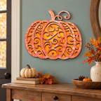 Orange epoxy scroll pumpkin hung above a fall entry table, custom mica resin color, epoxy workshop by Rise and Shine Gifts in Dothan, Alabama SHINE-WS-002