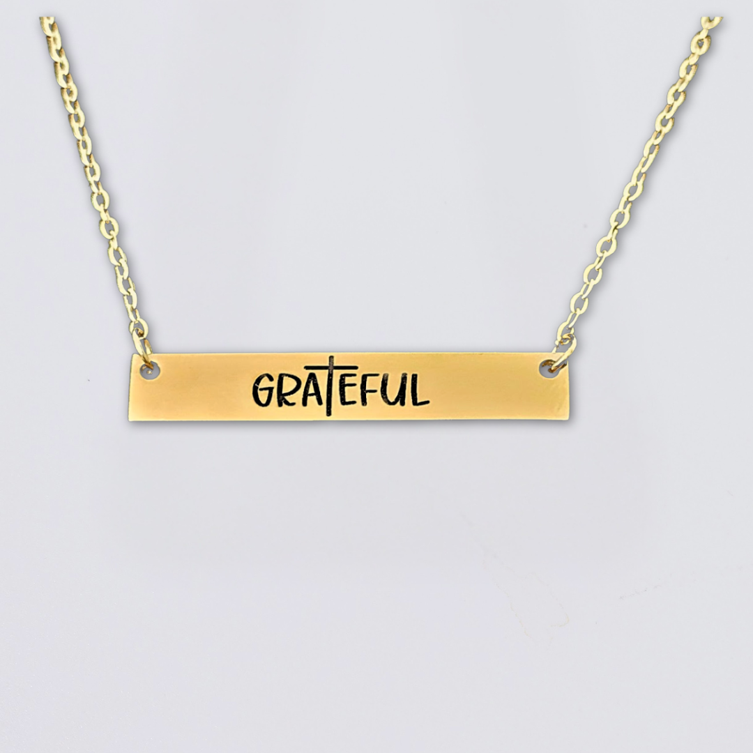 Laser Engraved Stainless Steel Horizontal Bar Necklace.