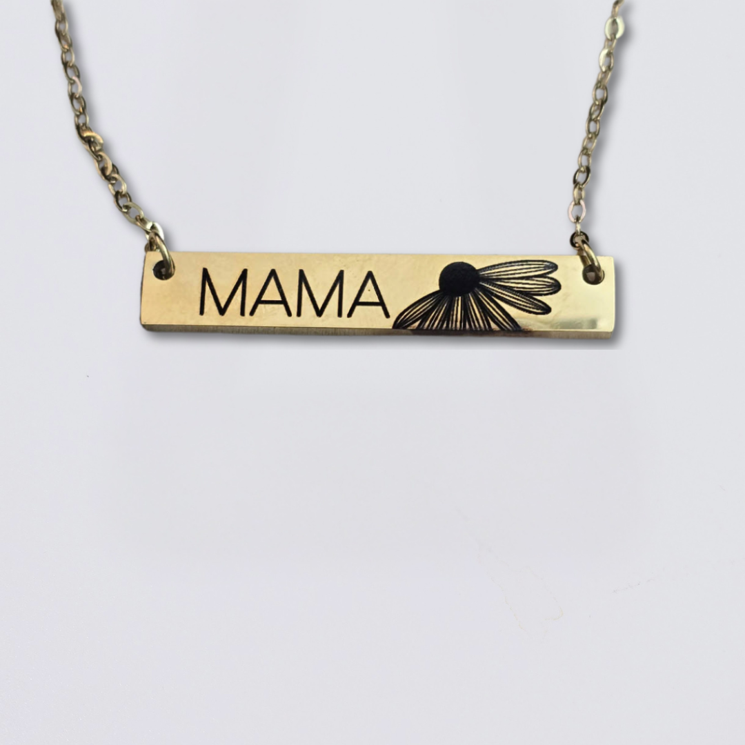 A collection of stainless steel bar necklaces with different motivational words engraved on them, displayed in silver, gold plated, and rose gold colors.
