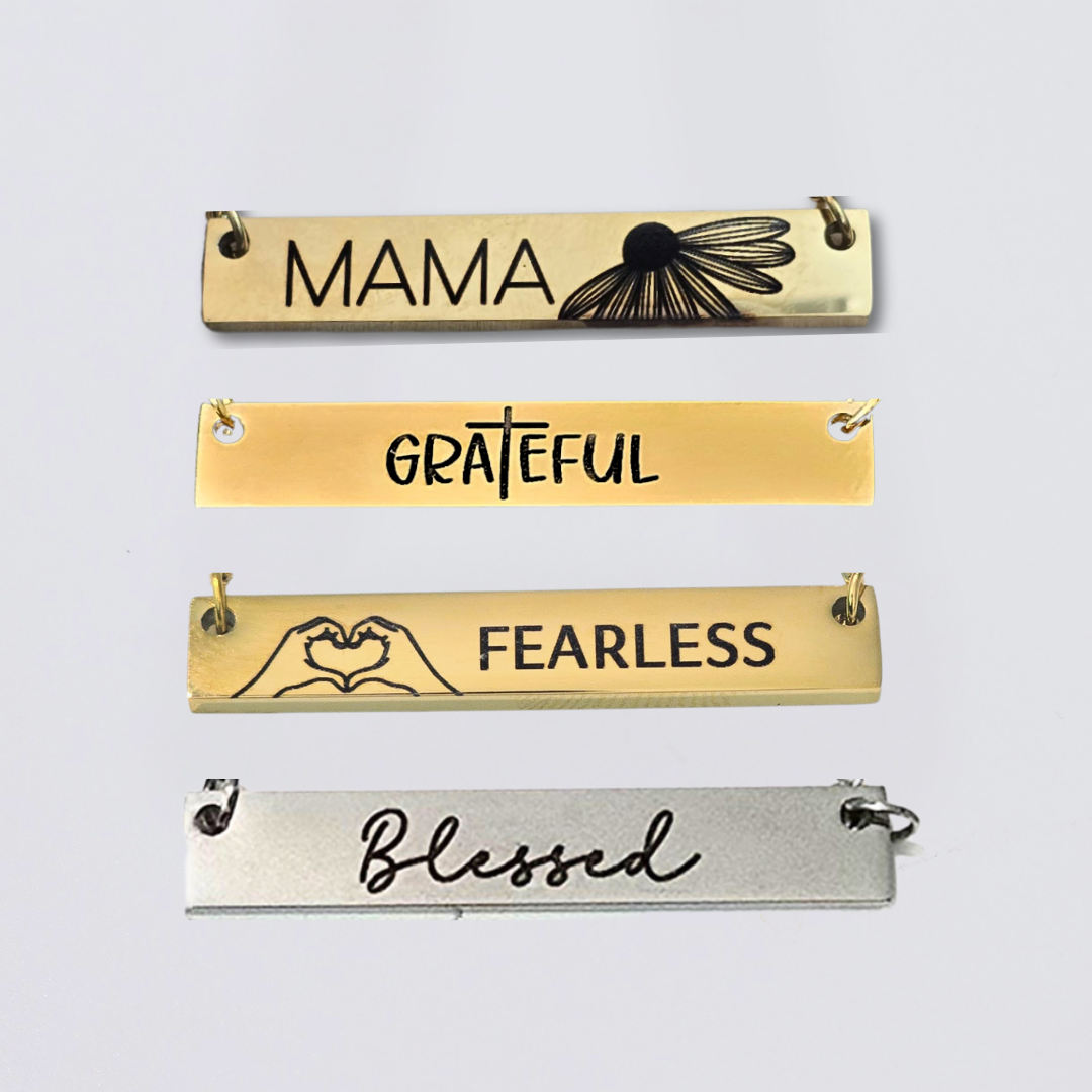 4 designs, stainless steel horizontal bar necklace, laser engraved