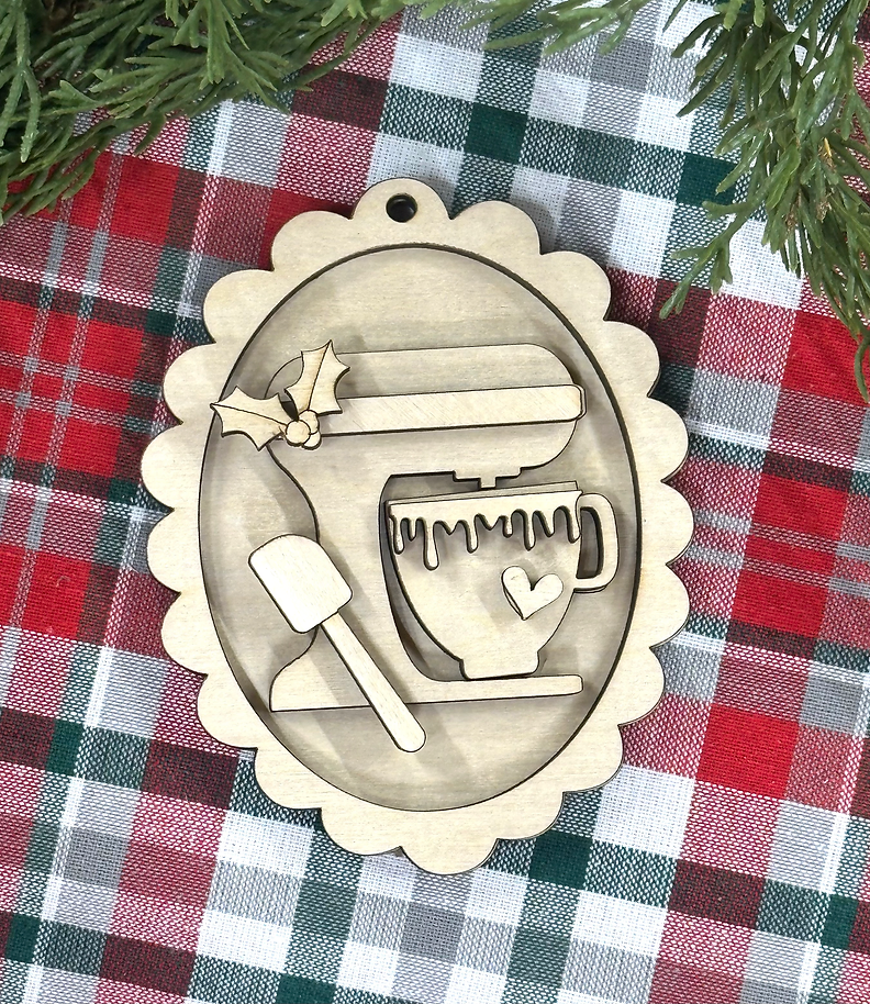Unpainted layered wood stand mixer scalloped Christmas ornament with spatula and holly, from Rise and Shine Gifts in Dothan, Alabama SHINE-OR-018