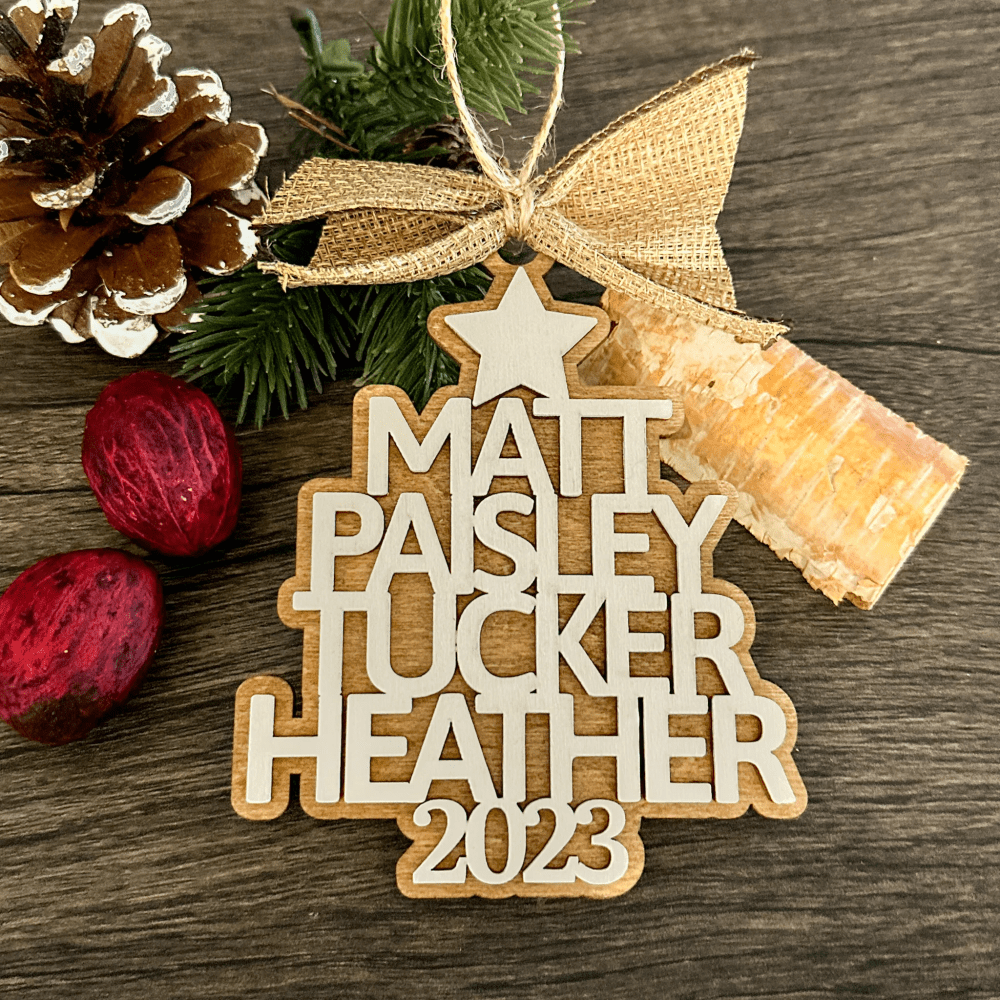 Tree of Names Ornament Handcrafted, personalized, Decorative Family Name Christmas ornament with Christmas tree design and customized family names. made by Rise and Shine Gifts in Dothan, Alabama