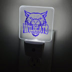 Frosted acrylic night light with a purple Wildcats mascot design, glowing in a dark room