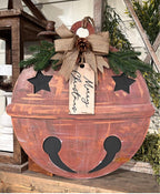 Large 22 inch wood sleigh bell Merry Christmas door hanger, cut by Rise and Shine Gifts in Dothan, Alabama SHINE-DH-015