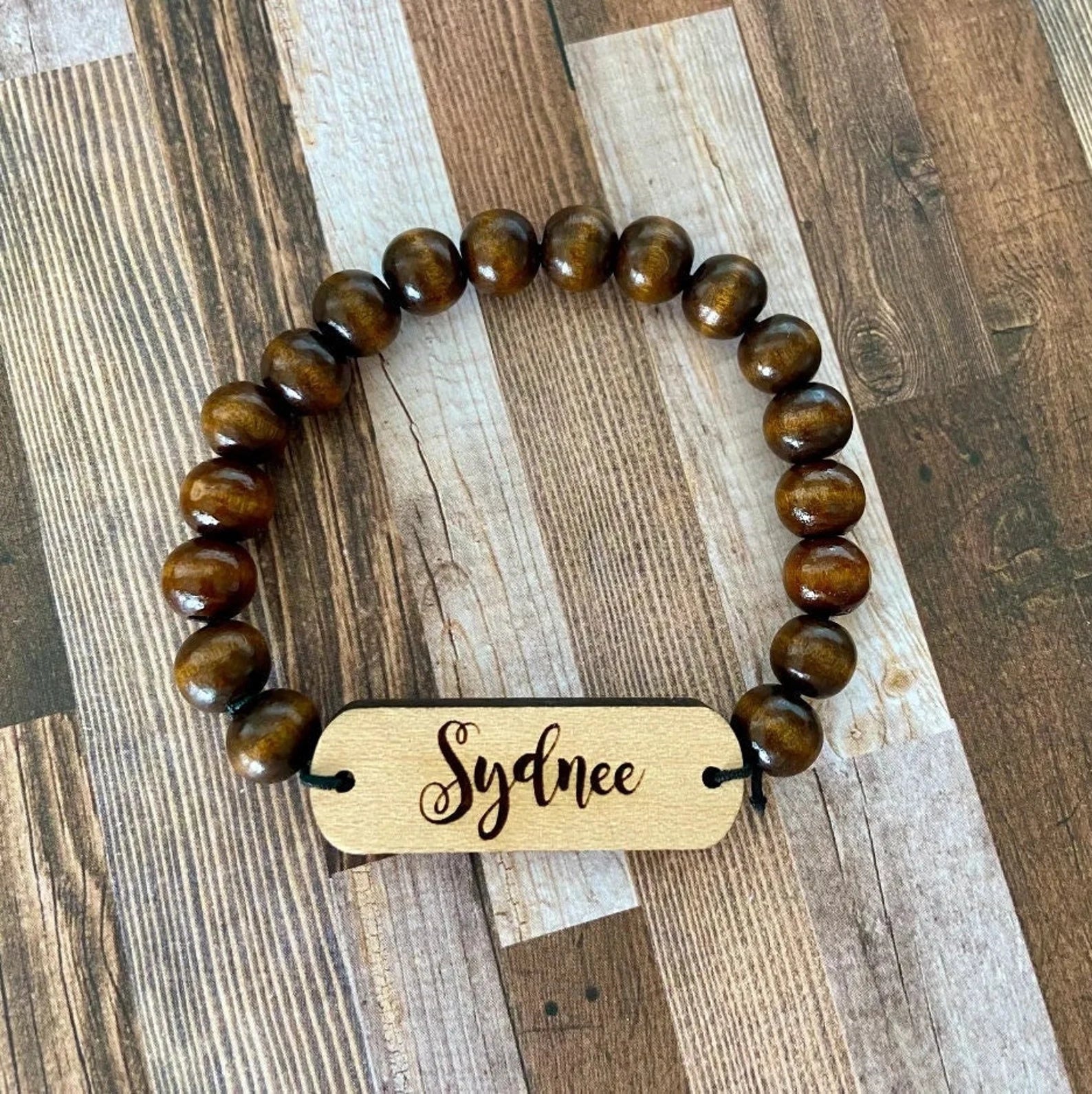 Personalized Engraved Wood Beaded Bracelet, Initial Monogrammed Gift, Custom Personalized Bracelet Gift,