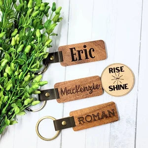 Personalized Wood Leather Keychain, Wood Keychain Key Fob for Men/women, First car engraved gift, Monogram laser gift, Custom Wood Keychain