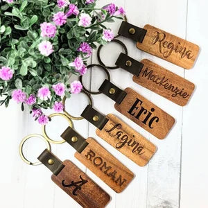 Personalized Wood Leather Keychain, Wood Keychain Key Fob for Men/women, First car engraved gift, Monogram laser gift, Custom Wood Keychain